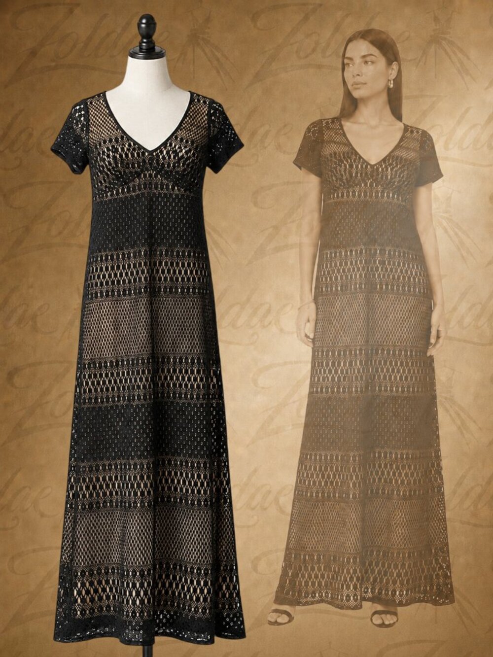 Mica Black Crochet Lace Maxi Dress 12 Nude Lined Boho Gothic Made in USA